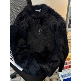 Korean Style Round Neck Sweater with Lazy Casual Metal Design Warm Faux Fur Pullover