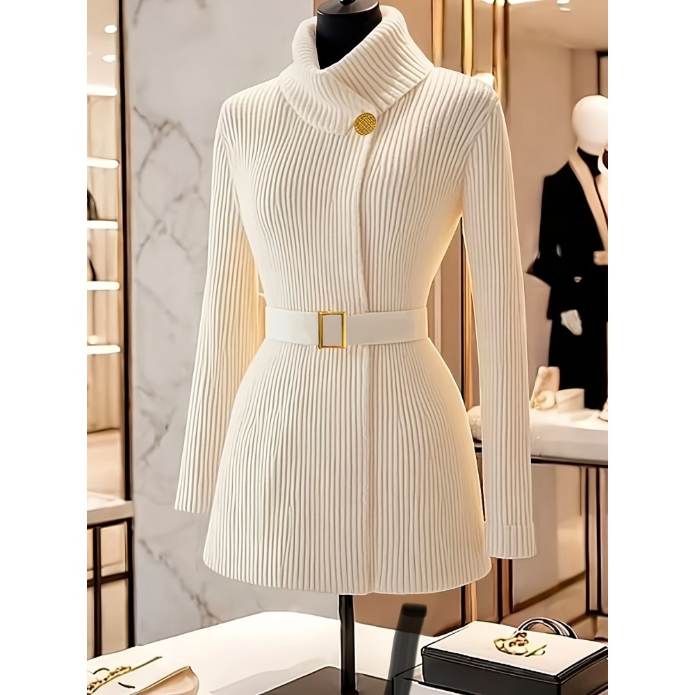 Elegant High-Neck Cardigan for Women - Chic Long Sleeve Sweater with Belt, Button-Up Front, and Golden-Tone Hardware, Perfect for Fall/Winter Fashion, Autumn Winter Wear | Belted Cardigan | Construction, Sweater Cardigan
