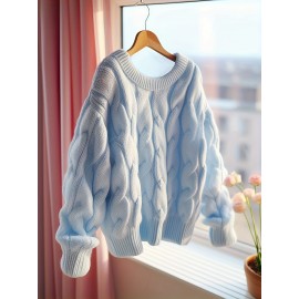 Women's Cable- Sweater - Soft Stretchy Winter Sweater with Round Neck & White Piping Trim, Machine Washable Chunky Pullover for Fall/Winter, Cozy Casual & Dressy Outfits (, Versatile Sweater for /