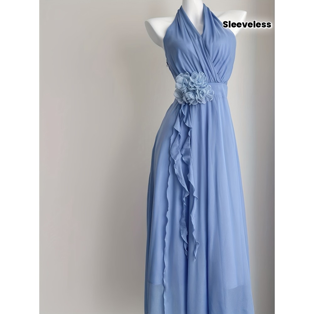 Blue Vacation Style French Floral Waist-Cinched Halter Neck Sleeveless Backless Chiffon Maxi Dress for Women, Summer