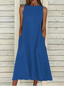 Targeted Development - New Long Knee-Length Slim-Fit Pocket Solid Color Casual Midi Dress
