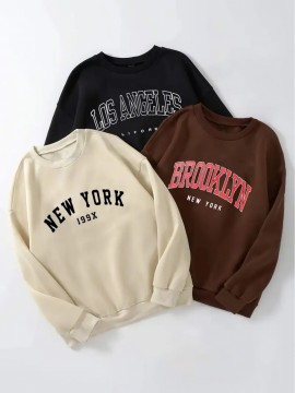 3pcs Letter Print Pullover Sweatshirt, Autumn and Winter Casual Long Sleeve Crew Neck Sweater for Women